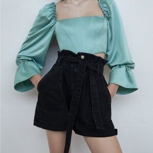 Zara Women Sz 0 Black Denim Paperbag Bermuda Shorts Cotton Belted Elastic Waist